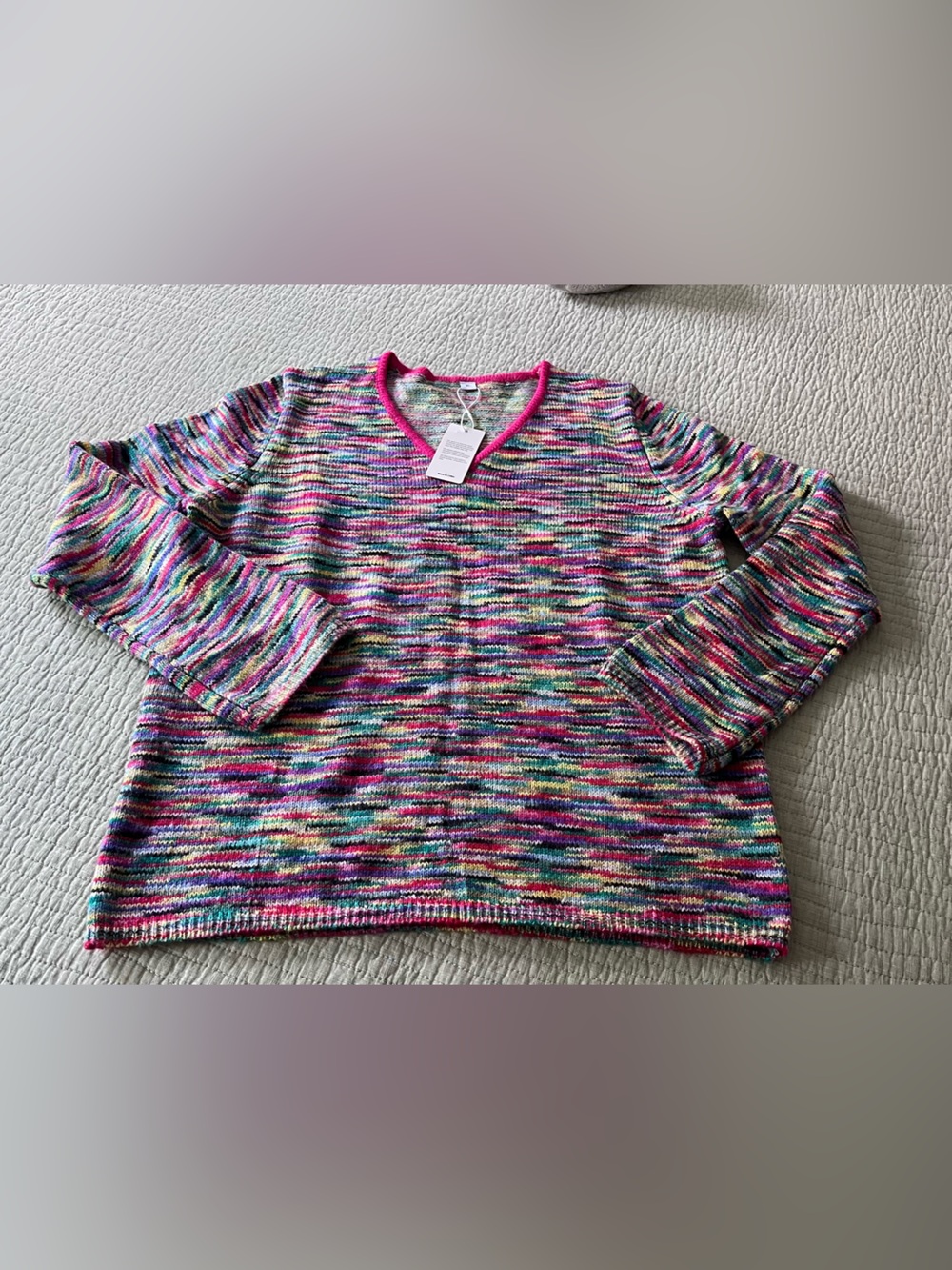 Multicolor Knit Women's Sweater with Pink Trim